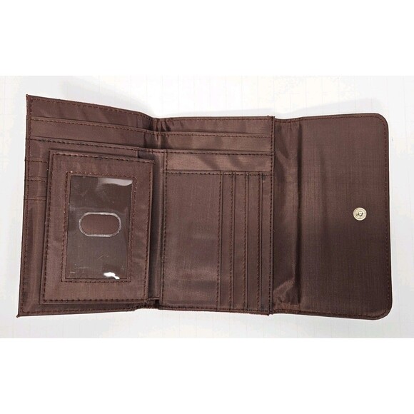 Longaberger Homestead Brown Leather Wallet Red Plaid Flap Snap Closure Tri Fold - Picture 3 of 6